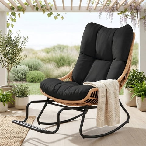 Tappio Rocking Papasan Chair with Adjustable Footrest, Outdoor Egg Rocking Chair with Thick Cushion and Steel Frame, Oversized Papasan Lounge Rocker for Garden, Porch, Living Room, Black