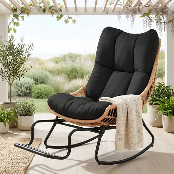 Tappio Rocking Papasan Chair with Adjustable Footrest, Outdoor Egg Rocking Chair with Thick Cushion and Steel Frame, Oversized Papasan Lounge Rocker for Garden, Porch, Living Room, Black