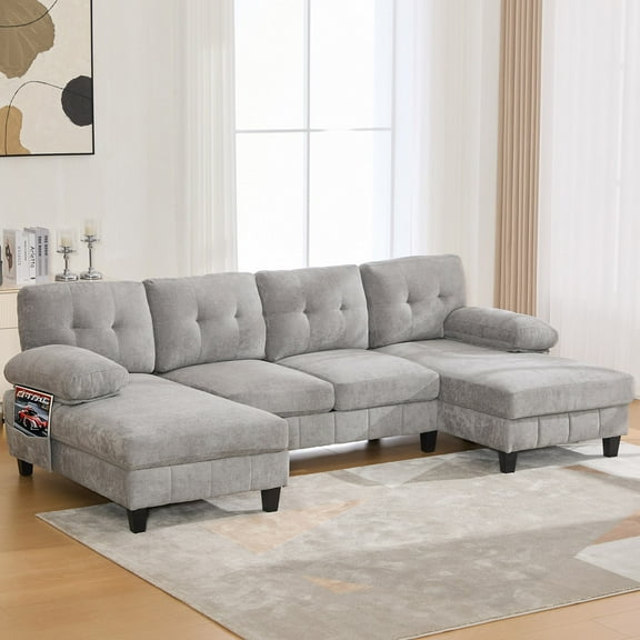 Tappio Modern Chenille Large Sectional Sofa, U-Shaped Sectional Couches with Double Storage Pockets and Armrest Pillows for Living Room, Gray