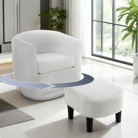 Tappio Swivel Accent Chair with Ottoman, 360 Swivel Velvet Barrel Chair Modern Armchair Sofa, Upholstered Reading Chair with Footrest for Living Room Bedroom Study Room, White