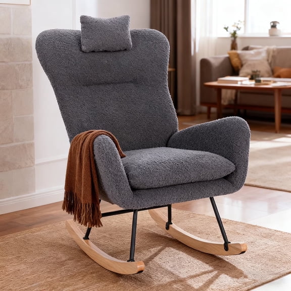 Tappio Upholstered Rocking Chair, Nursery Glider Rocker Rocking Accent Chair Padded Seat with High Backrest, Accent Armchair Comfy Side Chair for Living Room, Bedroom, Office, Dark Gray