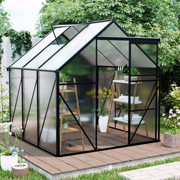Tappio 6'x6' Outdoor Walk-in Greenhouse, Large Plant Gardening Canopy Green House with Aluminum Frame, Lockable Door, Vents, Black