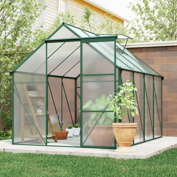 Tappio 8'x6.5' Outdoor Walk-in Greenhouse, Large Plant Gardening Canopy Green House with Aluminum Frame, Lockable Door, Vents, Green