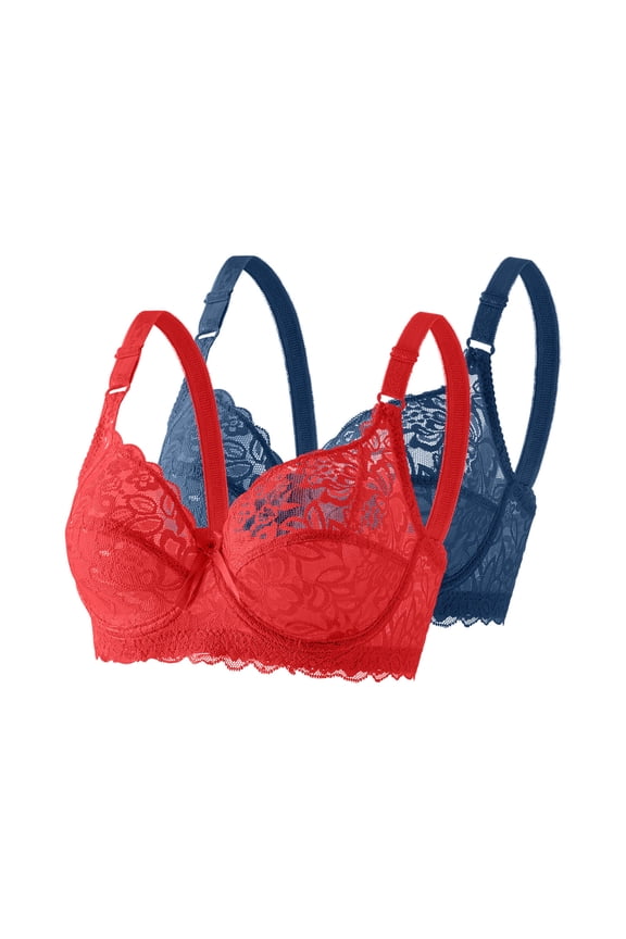 2 PC Bras for Women Floral Lace Bralettes Deep V Sexy Bras Bralette Solid Color Unlined Underwire Bra Everyday Bras