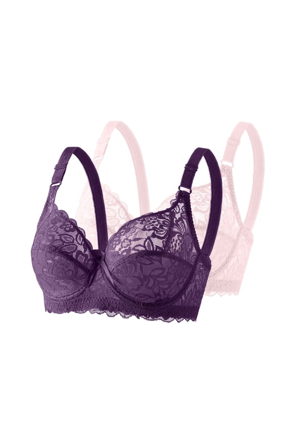 2 PC Bras for Women Solid Color Floral Lace Bralettes Deep V Sexy Bras Bralette Unlined Underwire Bra Everyday Bras