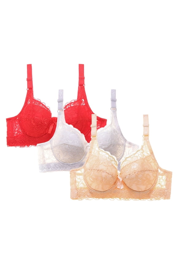 2 PC Bras for Womens Solid Color V Neck Lace Underwire Bras Women Basic Seamless Everyday Bra Push Up Bralette