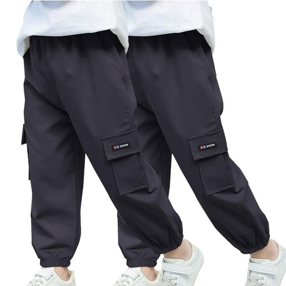 Taqqpue 2 Pack Kids Cargo Pants Casual Solid Elastic High Waisted Wide Leg Pants Baggy Lounge Pant Resort Wear Relaxed Fit Trousers with Pockets for Girls Boys 2-14Y