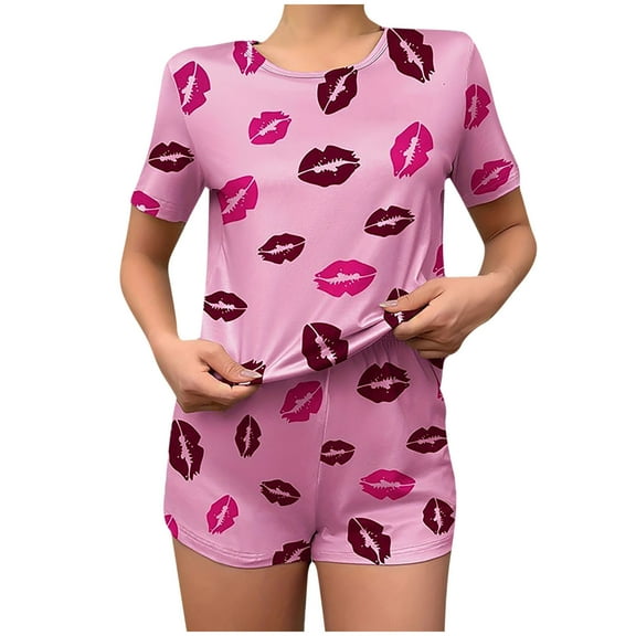 Taqqpue 2 Piece Pajamas for Women Set Short Sleeve Crew Neck Printed Shirt Tops and Shorts Pj Lounge Sets Sleepwear Loungewear