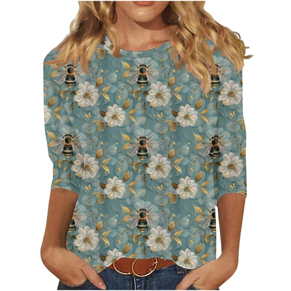Taqqpue 3/4 Lenght Sleeve Womens Tops Fall and Spring Floral Printed Crew Neck T Shirts Dressy Casual Blouses Tops