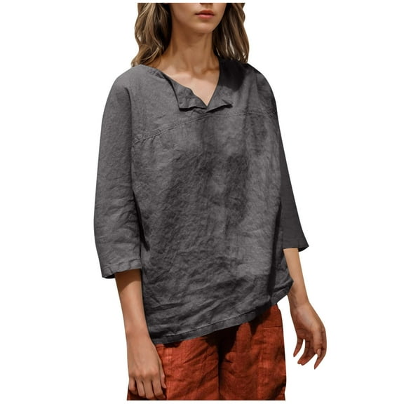 Taqqpue 3/4 Sleeve Linen Tops for Women Loose Fit V Neck Button Down Shirts Cute Solid Summer Beach Tee Shirts