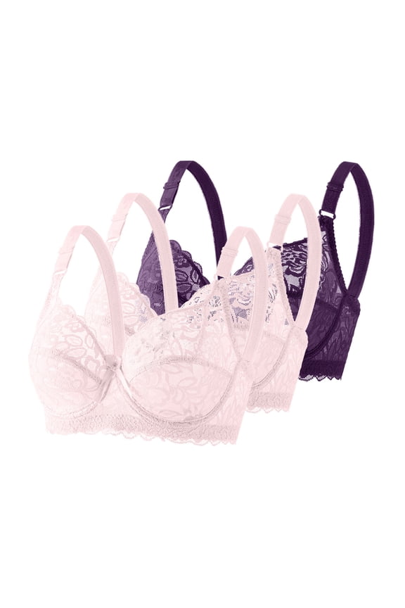 3 PC Bras for Women Solid Color Floral Lace Deep V Bras Bralette Unlined Comfort Underwire Bras Women Everyday Bras