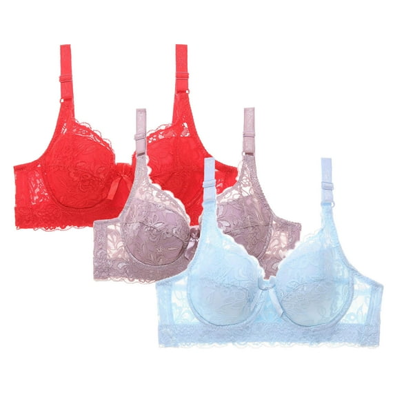 Taqqpue 3 PC Womens Bras Solid Color V Neck Lace Underwire Bras Basic Seamless Push Up Everyday Bra Bralette for Women
