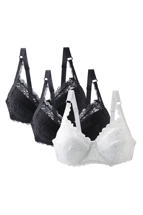 3-Pack Plus Size Bras for Women Push Up Bra Comfort Padded No Underwire Bralette Floral Lace Full Coverage Sport Everyday Bra S-5XL
