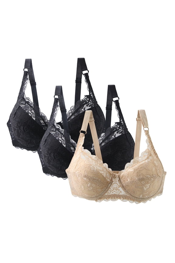 3-Pack Plus Size Bras for Women Push Up Bra Comfort Padded No Underwire Bralette Floral Lace Full Coverage Sport Everyday Bra S-5XL