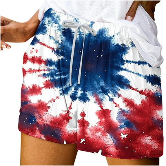 Taqqpue 4th of July Shorts for Women USA Flag Printed Elastic Waist Drawstring Summer Casual Shorts