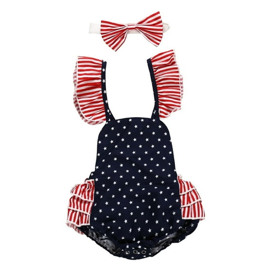 Taqqpue Baby Girls Overall Romper Dress Infant Cotton Lace Ruffle Sleeveless Summer Outfits 4th of July Clothes with Headband 3-18 Months
