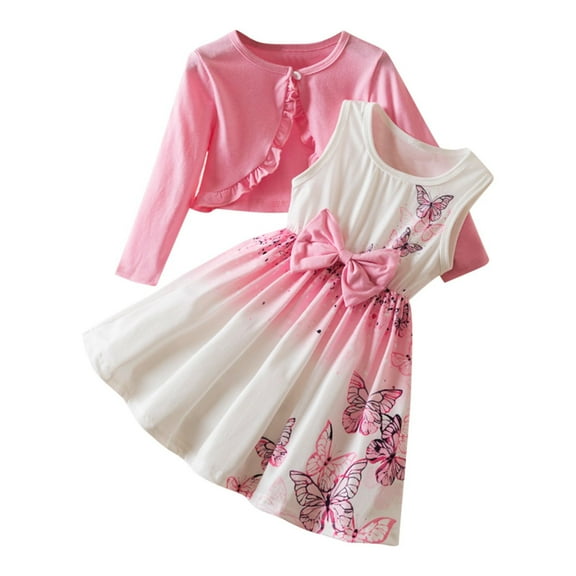 Taqqpue Baby Toddler Girl's Clothes Sets 2 Piece Kids Summer Long Sleeve Ruffle Hem Top and Printed Bow Sleeveless Crew Neck Flowy A Line Dresses Outfits (9M-3T)