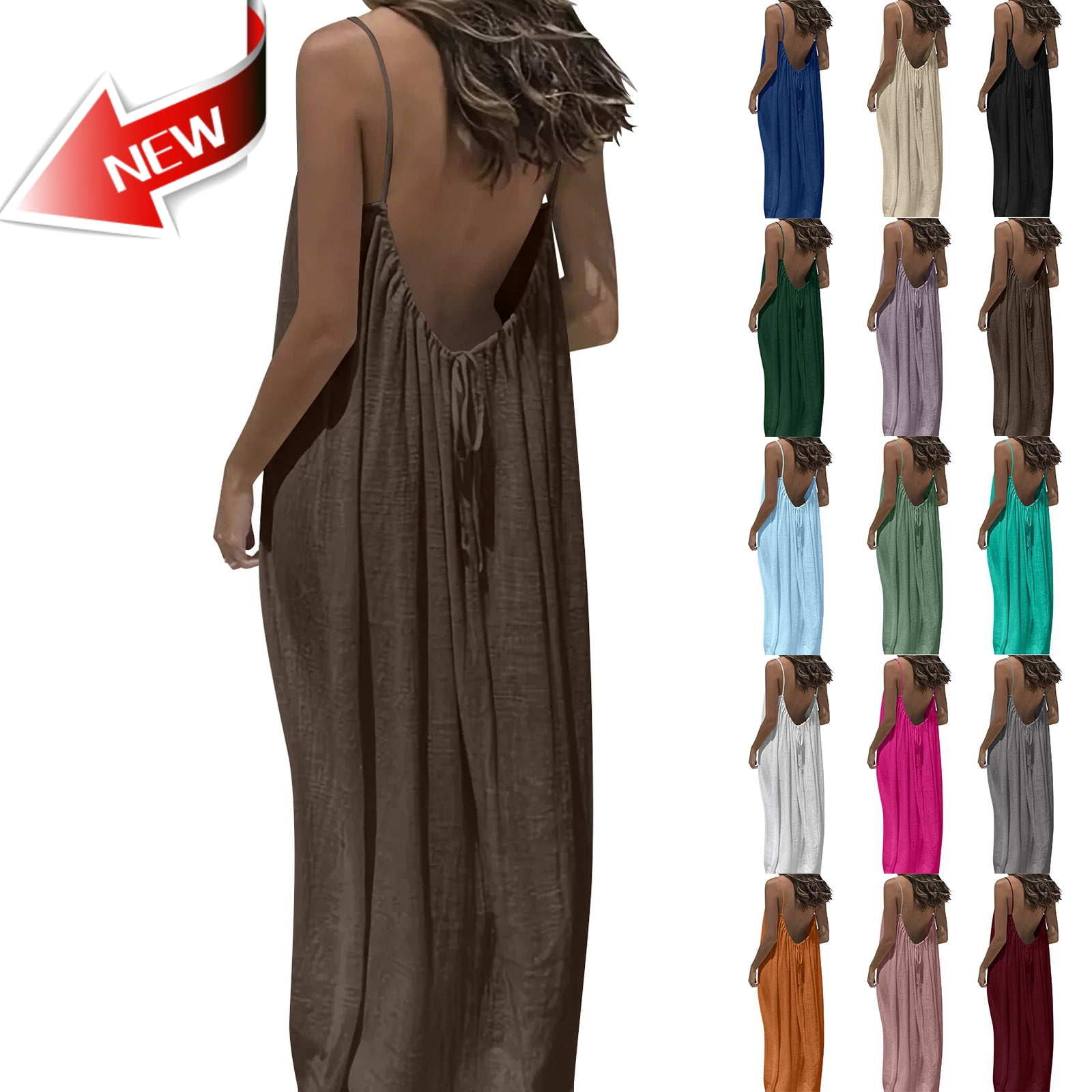 Taqqpue Backless Cami Dresses for Women Solid Color Cami Lounge Linen ...