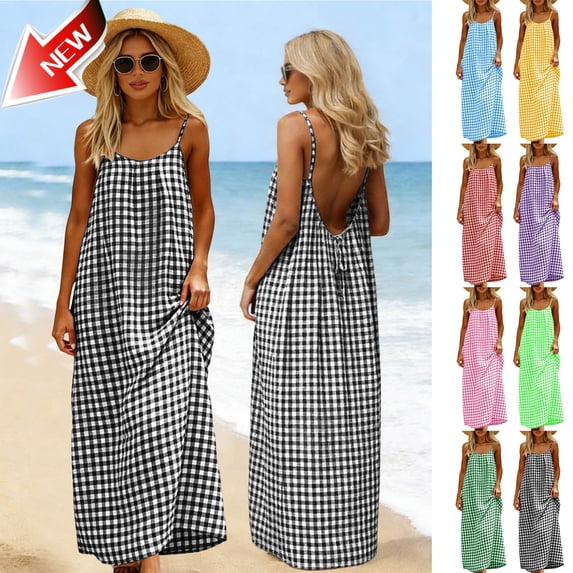 Taqqpue Backless Cami Dresses for Women Plaid Cami Lounge Linen Dress Backless Sleeveless House Dress Long Sundress