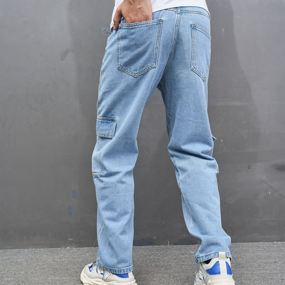 Taqqpue Baggy Pants for Men Solid Color Straight Wide Leg Streetwear Jeans Loose Fit Y2K Skater Denim Pants with Pockets