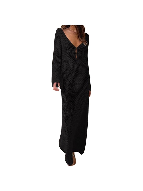 Beach Cover Ups for Women Long Sleeve Knitted Hollow Out Crochet Long Bathing Suit Cover Up Summer Casual Swimwear Bikini Swimsuit Cover Ups