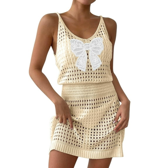 Taqqpue Beach Vacation Clothes for Women Summer Crochet Hollow Out Knit Beach Bathing Suit Swim Cover Ups Cruise Outfits Vacation Dresses for Women 2025 Sleeveless Solid Color Sundress