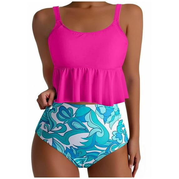 Taqqpue Beach Vacation Swim Suits for Women 2025 Tankini Swimsuits High Waisted Bikini Sets Two Piece Swimsuits Tummy Control Bottun Ruffled Flounce Tops Scoop Neck Cheeky Bathing Suits