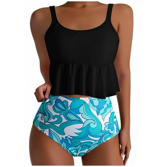 Taqqpue Beach Vacation Swim Suits for Women 2025 Tankini Swimsuits High Waisted Bikini Sets Two Piece Swimsuits Tummy Control Bottun Ruffled Flounce Tops Scoop Neck Cheeky Bathing Suits