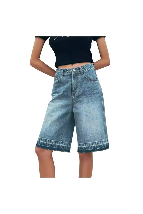 Bermuda Jean Shorts for Women High Waisted Trendy Stretchy Casual Denim Shorts Knee Length Cutoff Loose Fit Denim Jorts with Pockets On Clearance