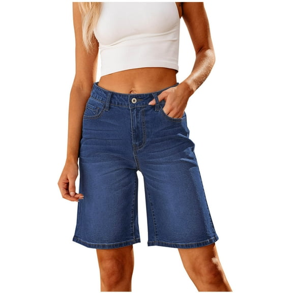 Taqqpue Bermuda Jean Shorts for Women High Waisted Trendy Stretchy Denim Shorts Knee Length Cutoff Loose Fit Long Shorts Summer Casual Jorts On Clearance