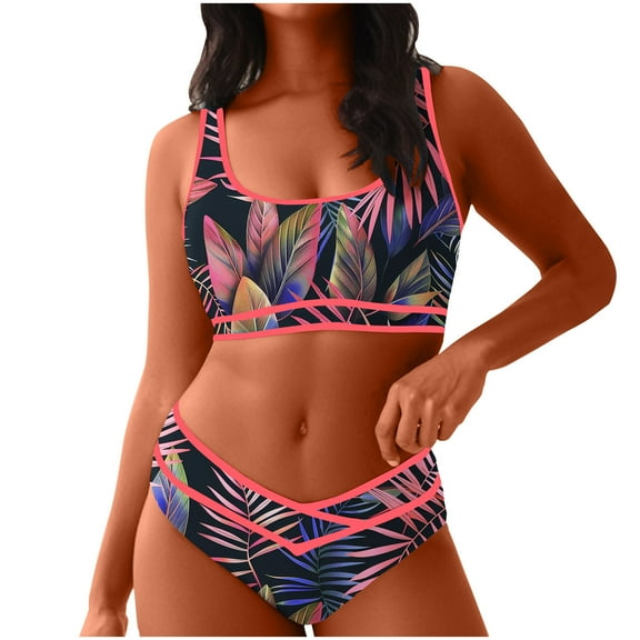 Taqqpue Bikini Sets for Women Women's High Waisted Bikini Sets Sporty Two Piece Swimsuits Color Block Cheeky High Cut Bathing Suits Sleeveless Beach vacation clothes