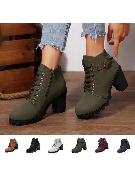Boots for Women Ankle Booties Women's Fashion Casual Spring Short Boots Solid Color Round Toe Side Zipper Thick Heel Mid Heel Ankle Boots for Women