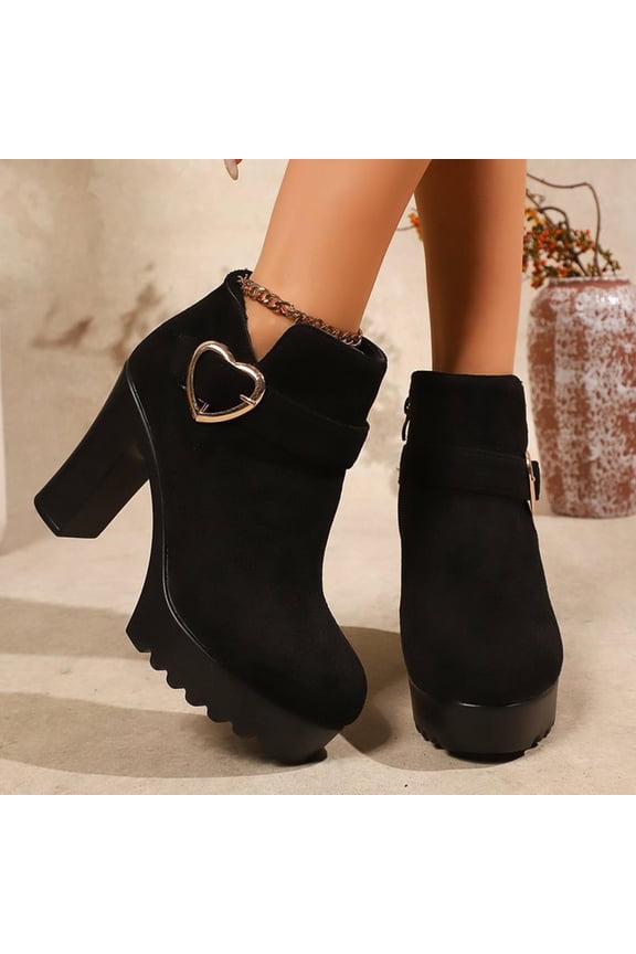 Boots for Women Ankle Booties Women's Heel Ankle Boots With Metal Heart Embellishment Plus Size Winter Style Comfortable Height-Increasing Thick-Soled Short Boots Women' for Women