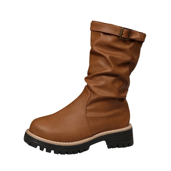Taqqpue Boots for Women,Casual Winter Short-Tube Pleated Pile Boots Solid Color Round Toe Thick Heel Low Heel Ankle Boots