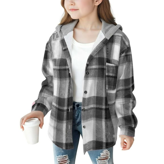 Taqqpue Boys Girls Button Down Jacket Shirts Long Sleeve Lightweight Fleece Plaid Hooded Flannel Shirt Cute Hoodies Tops with Pockets for Kids 4-15 Years