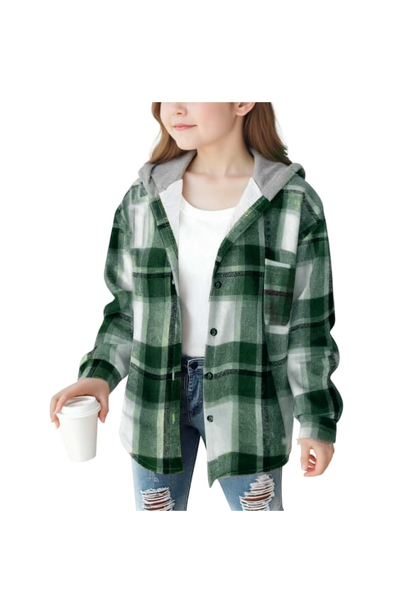 Boys Girls Button Down Jacket Shirts Long Sleeve Lightweight Fleece Plaid Hooded Flannel Shirt Cute Hoodies Tops with Pockets for Kids 4-15 Years
