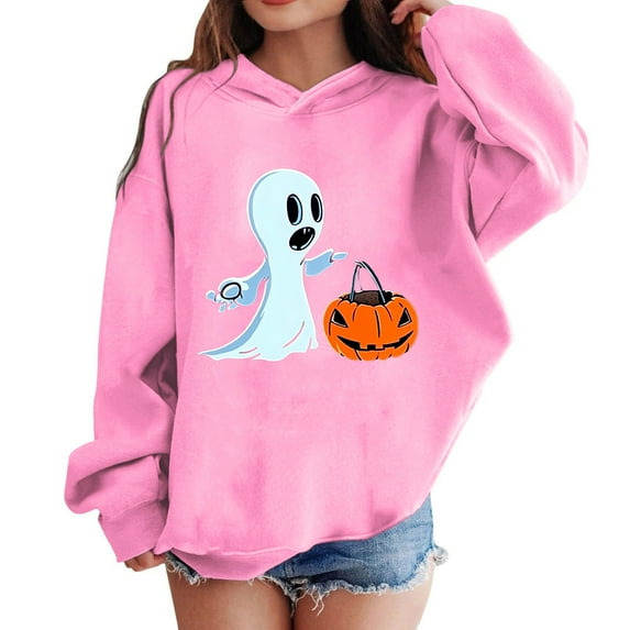 Taqqpue Boys Girls Long Sleeve Hoodies Casual Pumpkin Face Printed Drawstring Halloween Hooded Sweatshirt Fall Winter Loose Fit Y2K Oversized Pullover Tops with Pockets for Kids