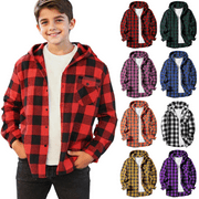 TAQQPUE Boys Plaid Flannel Shirts Unisex Kids Long Sleeve Casual Button Down Shirt with Hood,Fall Winter Oversize Jacket Outwears for Boys 4-15 Years