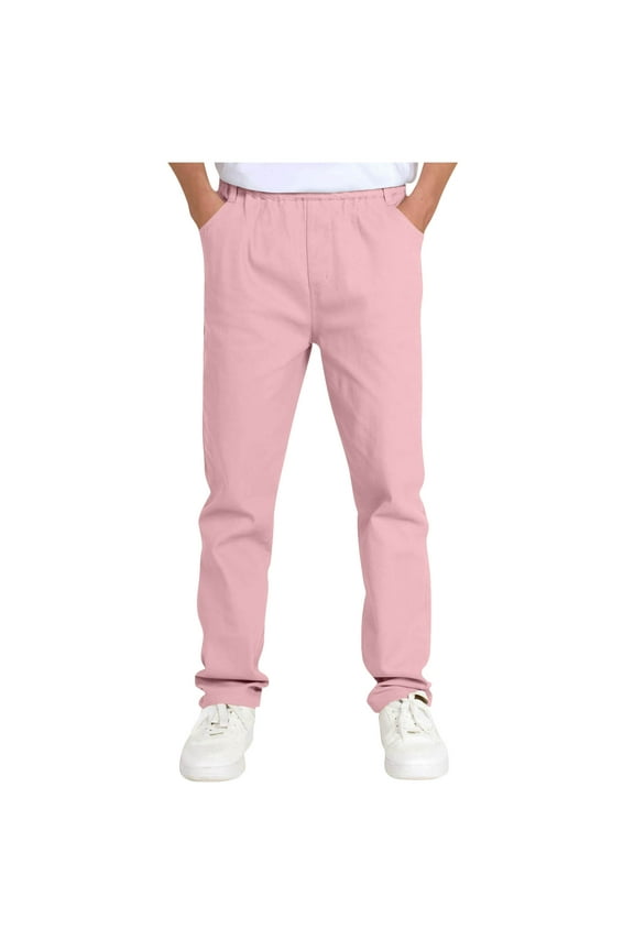 Boys' School Uniform Solid Color Cotton Pull on Stretch Twill Pants, Casual Elastic Waist Trousers with Pockets 5-14 Years