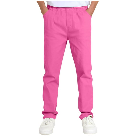 Taqqpue Boys' School Uniform Solid Color Cotton Pull on Stretch Twill Pants, Casual Elastic Waist Trousers with Pockets 5-14 Years