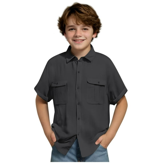 Taqqpue Boys Short Sleeve Dress Shirts Kids Summer School Uniform Button Down Shirt Classic Collared Solid Cotton Linen Tee Shirts Tops with Pockets 3-14 Years