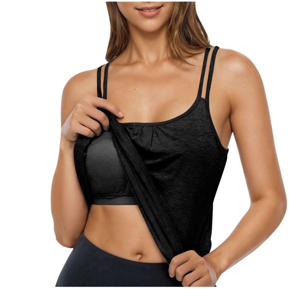 Taqqpue Built In Bra Tank Tops for Women Spaghetti Strap Scoop Neck Sleeveless T Shirts Solid Smocked Summer Casual Top