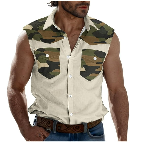 Taqqpue Camouflage Tank Tops for Men Cotton Sleeveless Button Down Shirts Vests Loose Fit Quick Dry Workout Beach Tee Tops with Pockets
