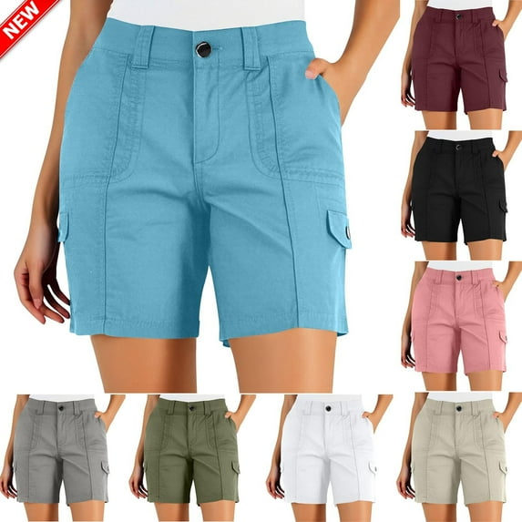 Taqqpue Cargo Shorts for Women, Elastic High Waist 6 Pockets Shorts Solid Color Summer Shorts for Women Casual