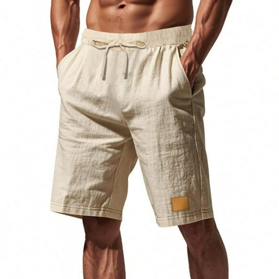 Taqqpue Casual Linen Shorts for Men Solid Athletic Shorts Summer Beach Shorts Outdoor Lightweight Elastic Waist Drawstring Running Shorts