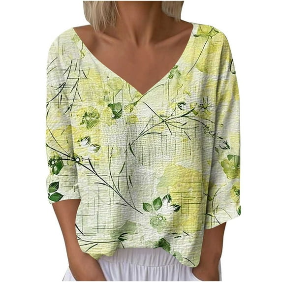 Taqqpue Cotton Linen Long Sleeve Shirts for Women Casual Floral Printed Lightweight V Neck T Shirts Beach Plus Size Pullover Blouse Tops