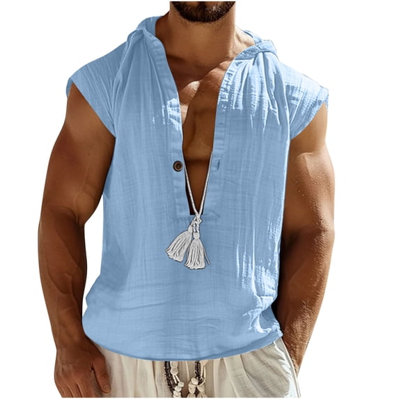 Taqqpue Cotton Linen Short Sleeve Hoodies for Men Solid Color Drawstring Hooded Button Up Tank Tops Casual Lightweight Soft Beach Blouse Tops