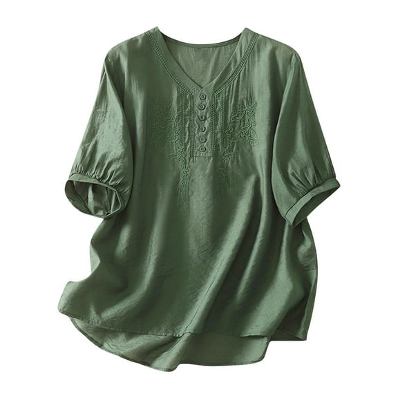 Taqqpue Cotton Linen Tops for Women Casual Solid Color V Neck Short Sleeve T-Shirt Loose Fit Shirts Trendy Cute Floral Print Blouse Tops