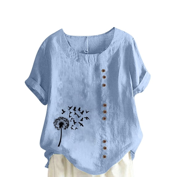 Taqqpue Cotton Linen Tops for Women Loose Fit Casual Roll Up Short Sleeve T-Shirt Trendy Cute Floral Print Blouse Crew Neck Buttons Shirts