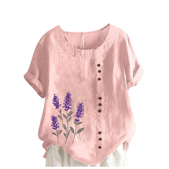 Taqqpue Cotton Linen Tops for Women Loose Fit Casual Roll Up Short Sleeve T-Shirt Trendy Cute Floral Print Blouse Crew Neck Buttons Shirts